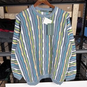 Tundra Mens Large Blue Multi Color Striped 3d cable Knit Sweater Made in Canada